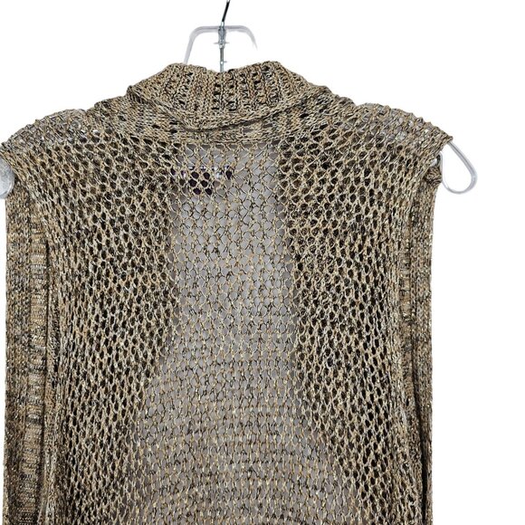Womens Open Front Knit Cardigan 2X Browns Gold Metallic Threading Sleeveless - Picture 4 of 16